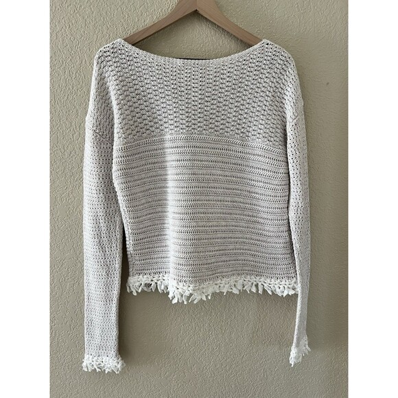 WHITE + WARREN Subtle Stripe Knot Fringe Knit Sweater Minimalist Size M - Picture 6 of 7